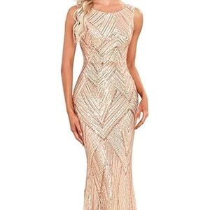 Elegant Sequin Evening Gown - Cream/gold